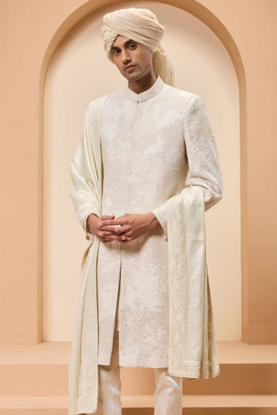 Sarab Khanijou Ivory cutdana embroidery sherwani set SARAMAY26D245398