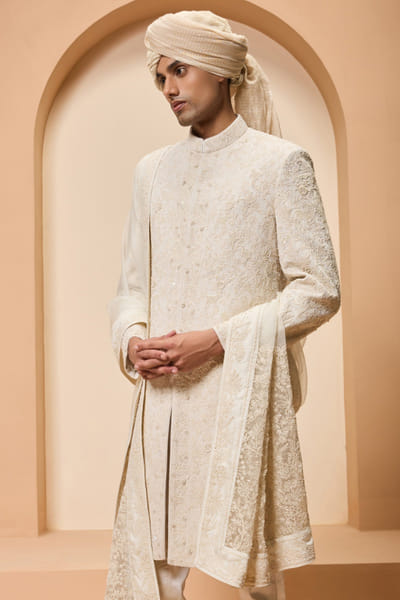 Sarab Khanijou Ivory pearl embroidery silk sherwani set SARAMAY26D245400