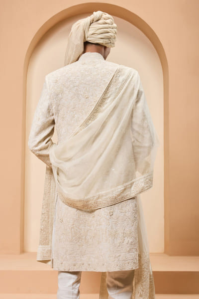 Sarab Khanijou Ivory pearl embroidery silk sherwani set SARAMAY26D245400