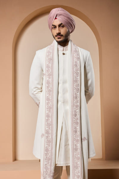 Sarab Khanijou Ivory sequin embroidered self sherwani set SARAMAY26D245403