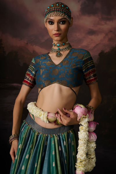 Teal woven gota embellished brocade blouse