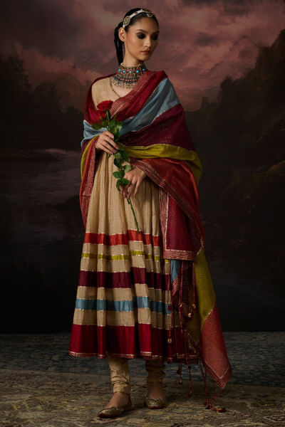 Multicolor handwoven and block printed dupatta