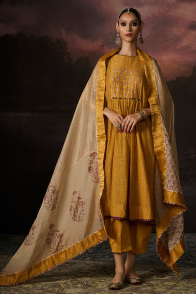Gold handwoven and block printed dupatta