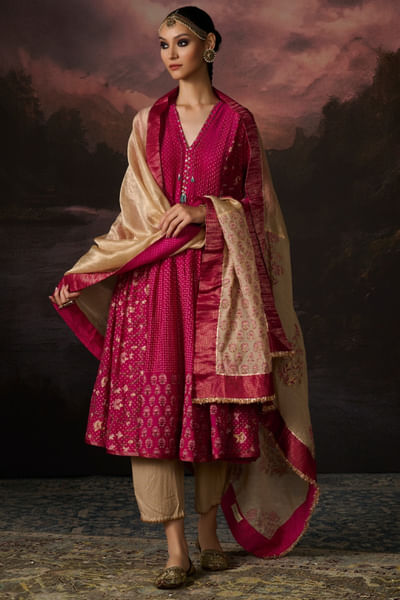 Gold handwoven and block printed dupatta