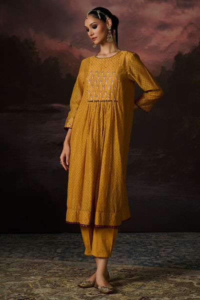 Mustard yellow handwoven and embroidered kurta