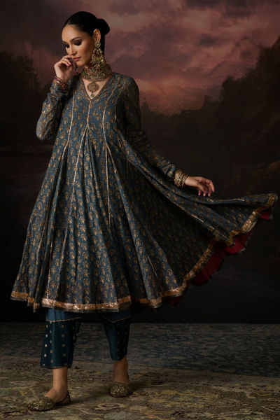 Teal handwoven and block printed kurta