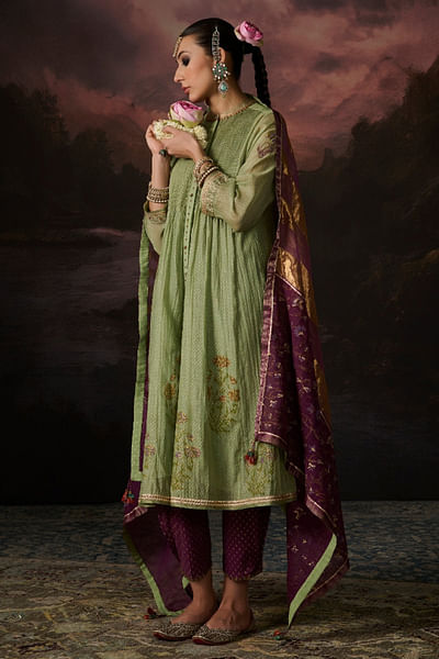 Jade green pintuck and block printed kurta