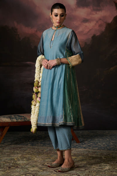 Blue hand block printed and pleated pants