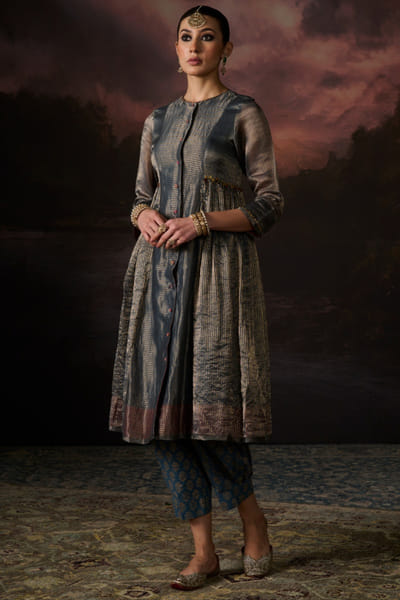 Teal hand block printed and pleated pants