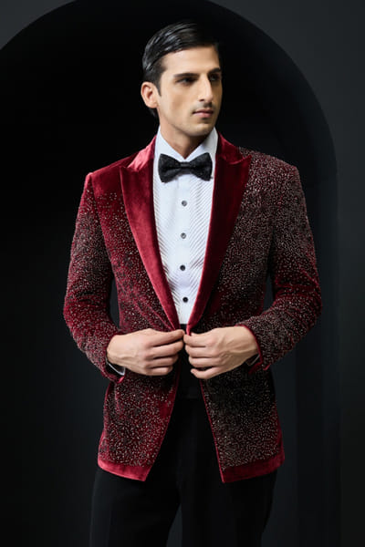 Sarab Khanijou Wine crystal embellished tuxedo set SARAMAY26D245364