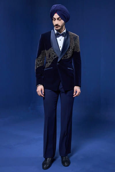 Sarab Khanijou Navy blue pearl embellished tuxedo set SARAMAY26D245368