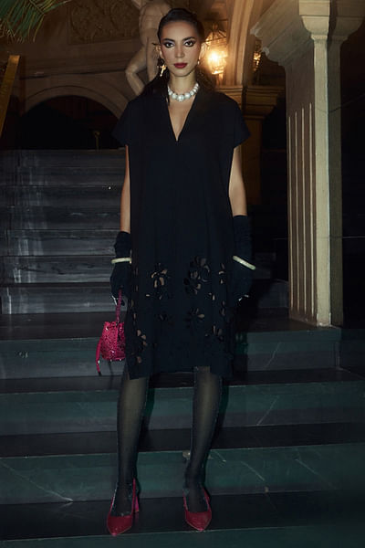 Black cutwork jacket dress