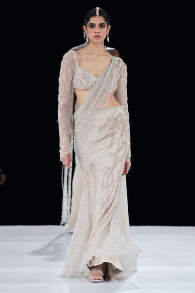 Silver floral embroidered sari lehenga set