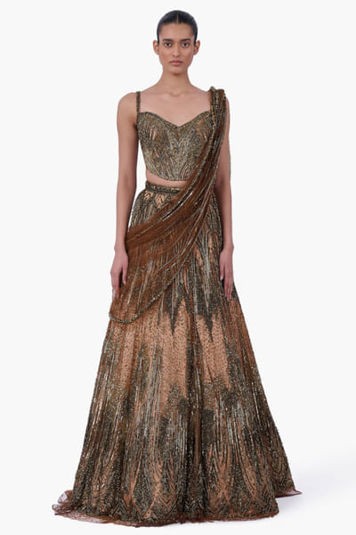 Antique gold embroidery drape sari lehenga set