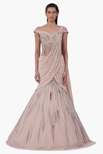 Haze champagne embellished-draped sari lehenga