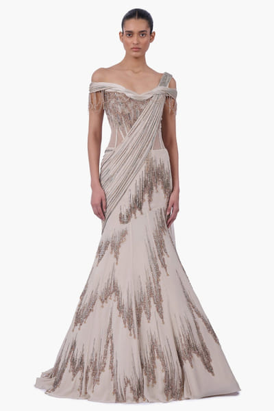 Sage gold embellished and draped sari lehenga