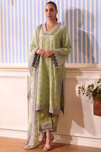 Pastel lime floral embroidered kurta set