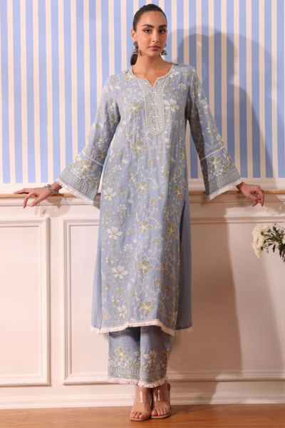 Light blue floral print embroidery kurta set