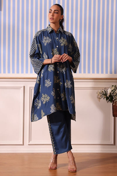 Navy blue floral embroidered co-ord set