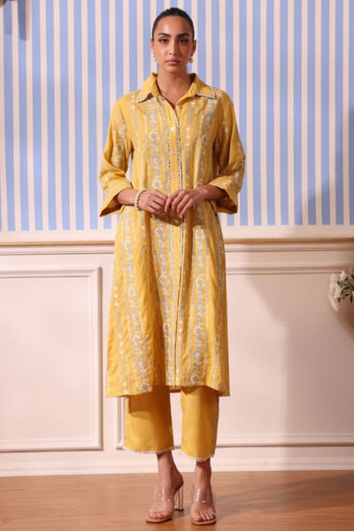 Yellow floral embroidered kurta set