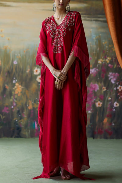 Red floral embroidered kaftan set