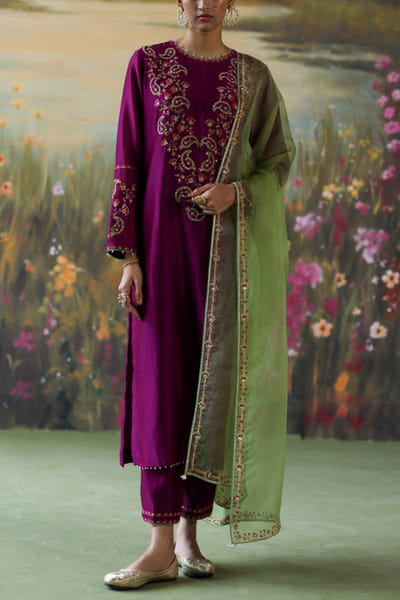 Purple floral embroidered kurta set