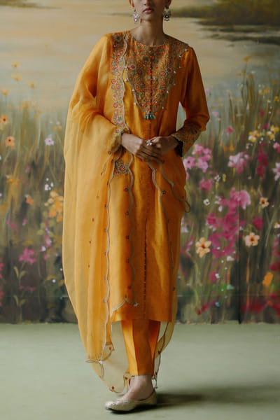 Yellow floral embroidered kurta set