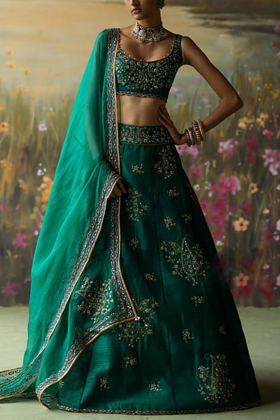 Green floral embroidered lehenga set