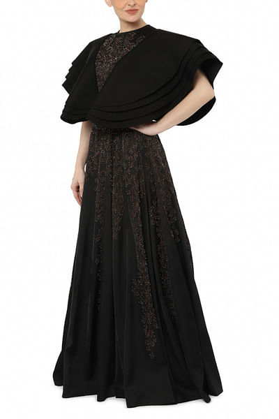 Black flap sleeve embellished gown