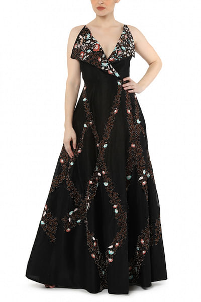Black thread embroidered gown