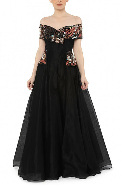 Black off shoulder embroidered gown