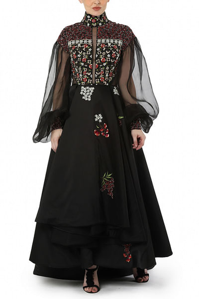 Black embroidered organza silk gown