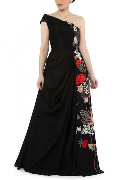 Black embroidered and draped gown