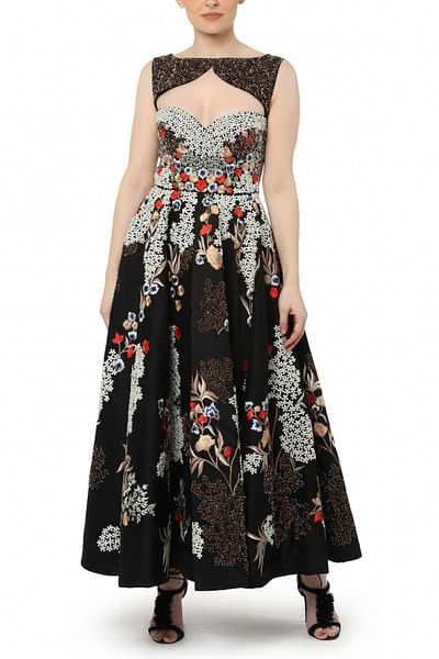 Black embroidered tea-length gown