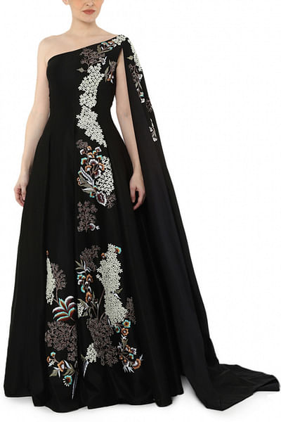 Black embroidered one shoulder gown