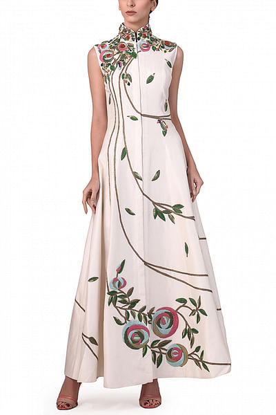 Off white cotton silk dress with floral zari embroidery