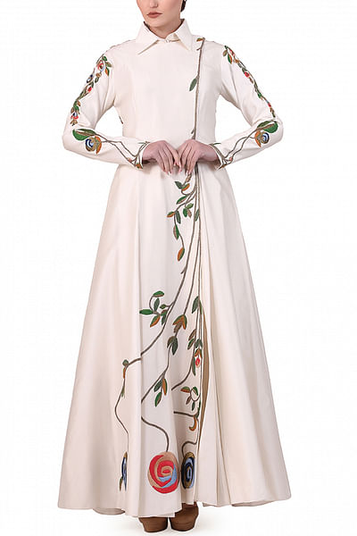 Off white cotton silk gown with embroidery