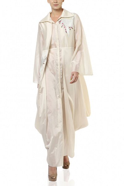 Offwhite front open draped jacket dress