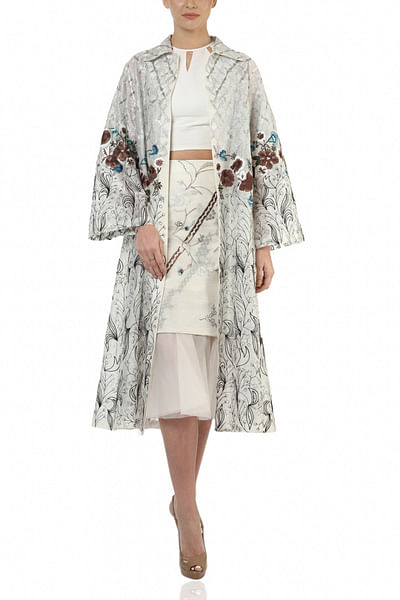 Off white printed crop top with skirt and jacket
