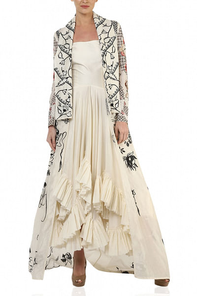 Offwhite ruffle embellished gown