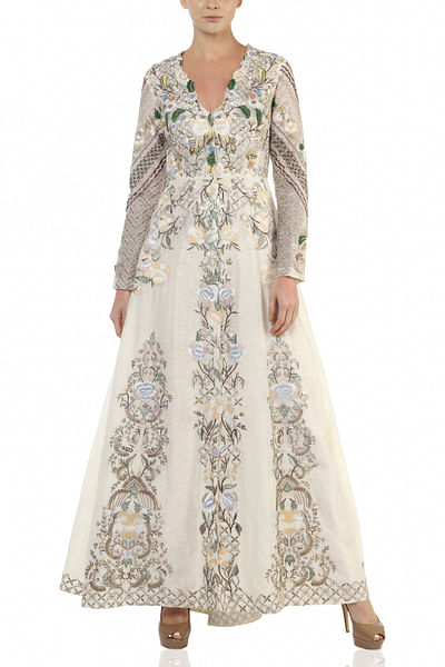 Offwhite front open embroidered gown