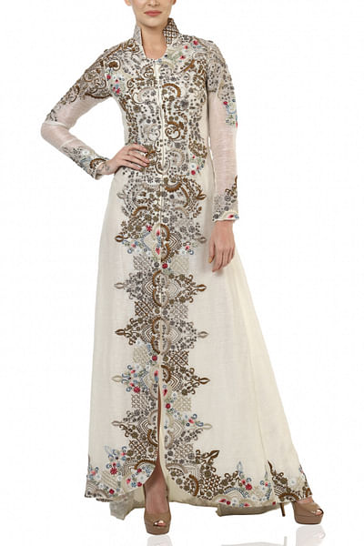 Offwhite front open embroidered gown