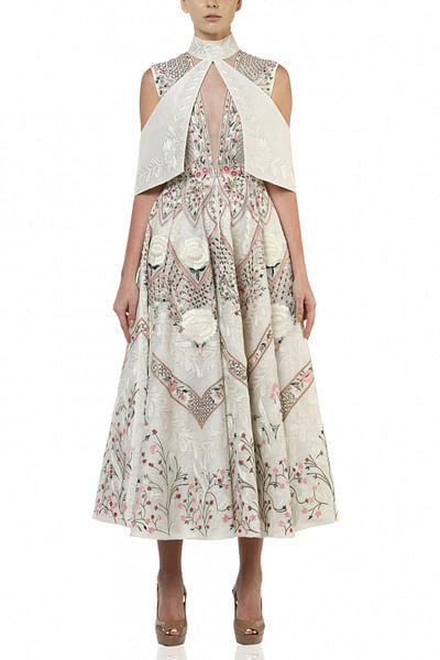 Offwhite embroidered fit & flare gown