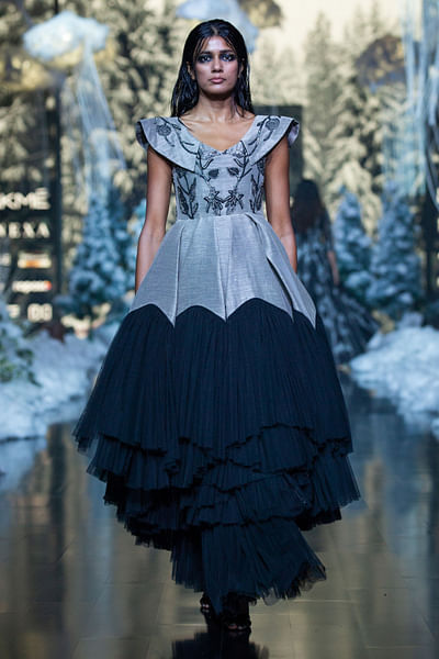 Grey and black ruffled dress