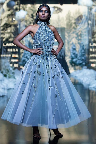 Grey embroidered A-line dress