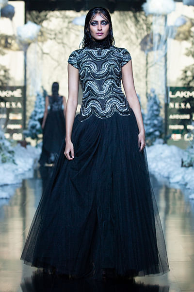 Black high-neck gown