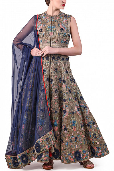 Grey and navy front open anarkali