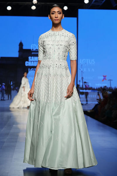 Mint silk embroidered gown