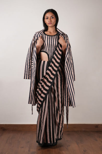 Pink-black stripe block print jacket sari set