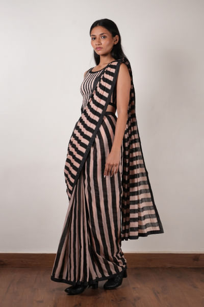 Pink and black stripe block printed sari set